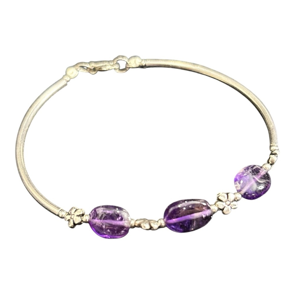 Vintage 925 Sterling Silver Amethyst Bracelet with Flower Accents